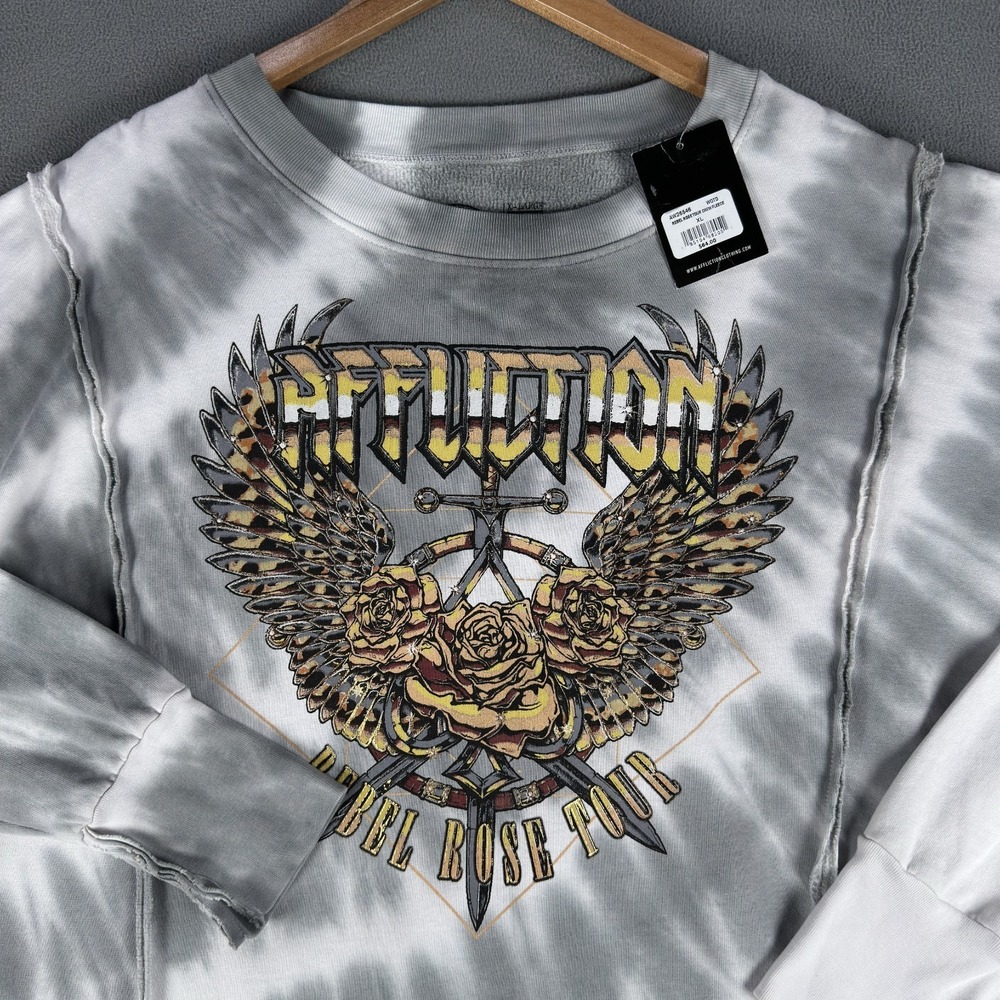 Affliction Sweatshirt Womens XL Grey White Tie Dye Rebel Rose Fleece Wings New - Picture 3 of 7